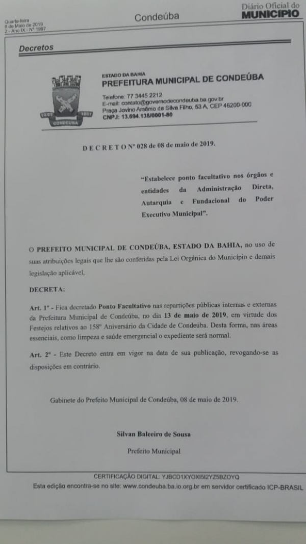 Condeúba: Prefeito decreta ponto facultativo nas repartições públicas, segunda-feira dia 13 de maio