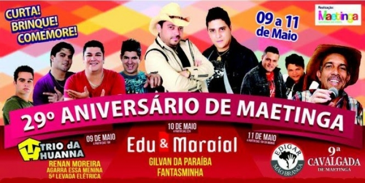 Aniversário de Maetinga: Trio da Huanna, Edu &amp; Emaraial, Trio elétrico e mais 4 bandas, saiba mais